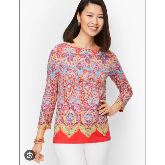 Talbots Shirt Womens 2X Multicolor Paisley Floral Boho Tunic Top Stretch Plus - Picture 1 of 7